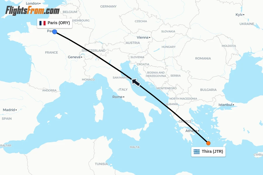 Flights from Thira to Paris route map