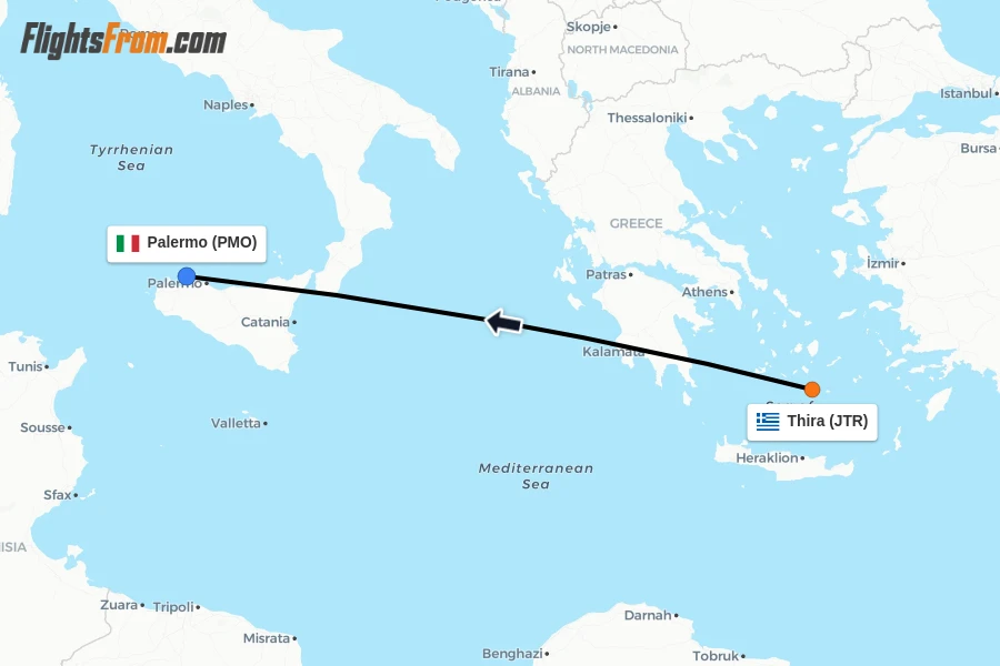 Flights from Thira to Palermo route map