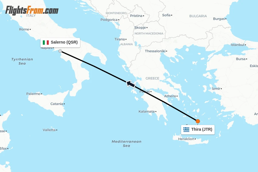 Flights from Thira to Salerno route map