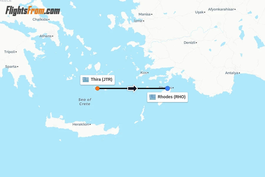 Flights from Thira to Rhodes route map