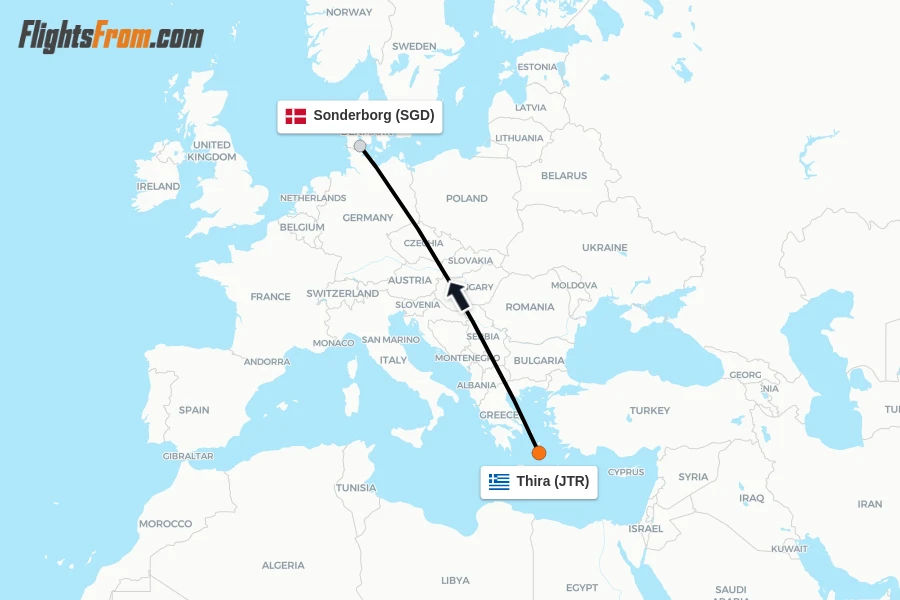 Flights from Thira to Sonderborg route map