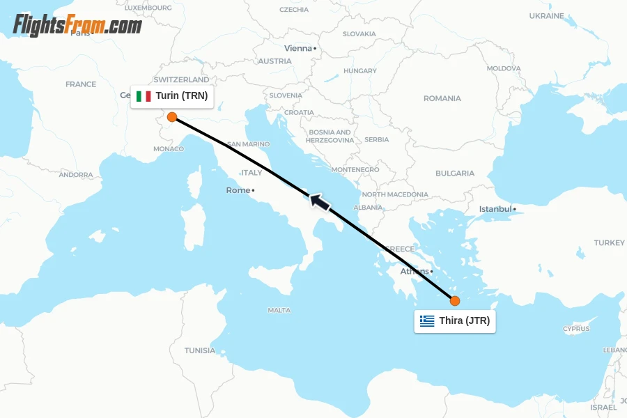 Flights from Thira to Turin route map