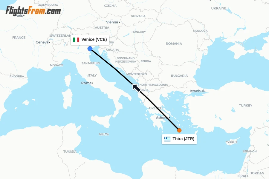 Flights from Thira to Venice route map