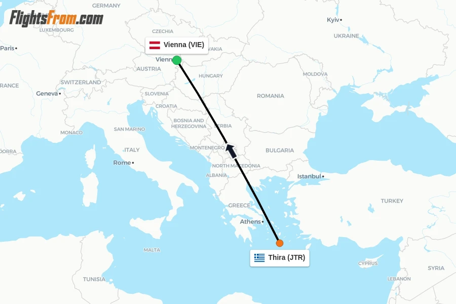 Flights from Thira to Vienna route map