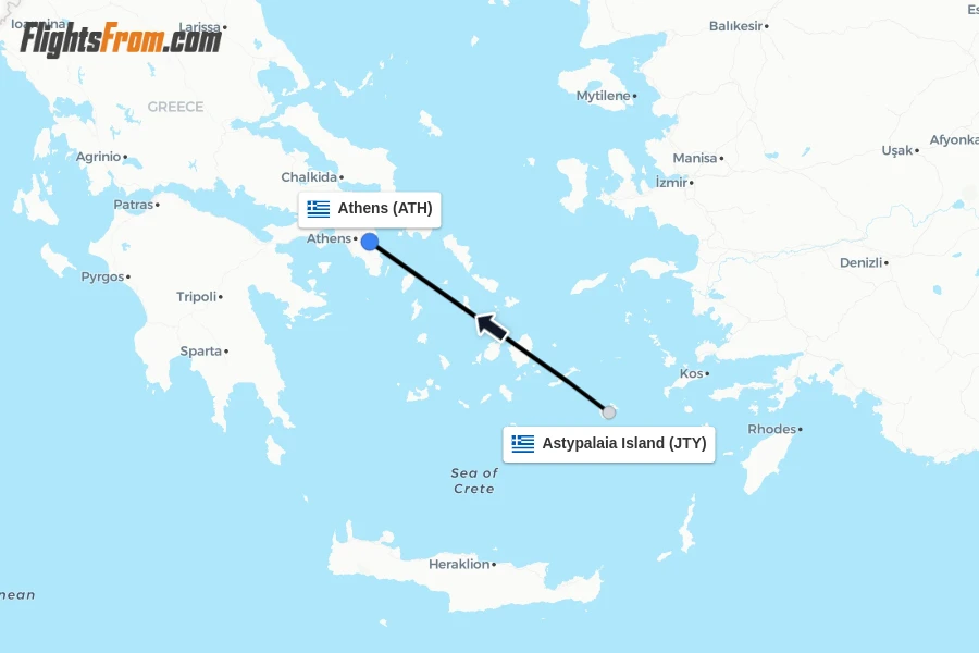 Flights from Astypalaia Island to Athens route map