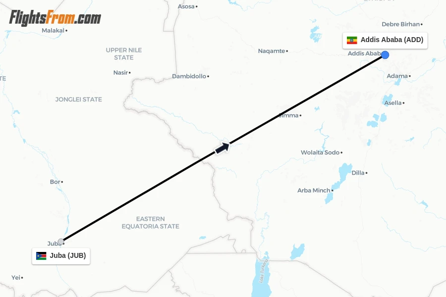 Flights from Juba to Addis Ababa route map