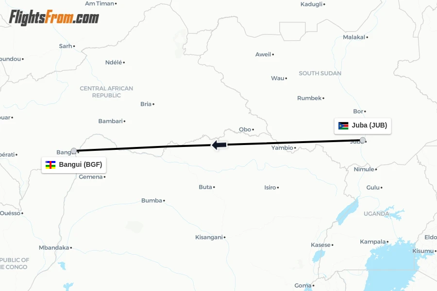 Flights from Juba to Bangui route map