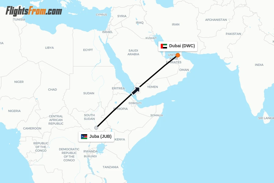 Flights from Juba to Dubai route map