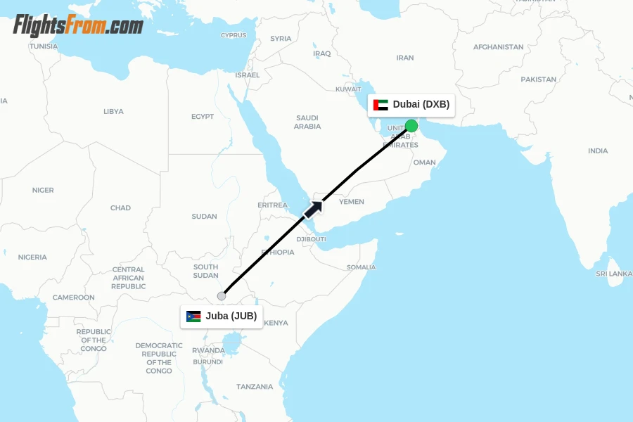 Flights from Juba to Dubai route map