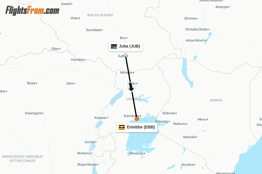 Flights from Juba to Entebbe route map