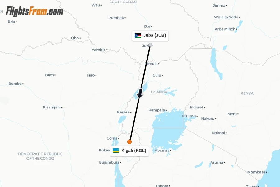 Flights from Juba to Kigali route map