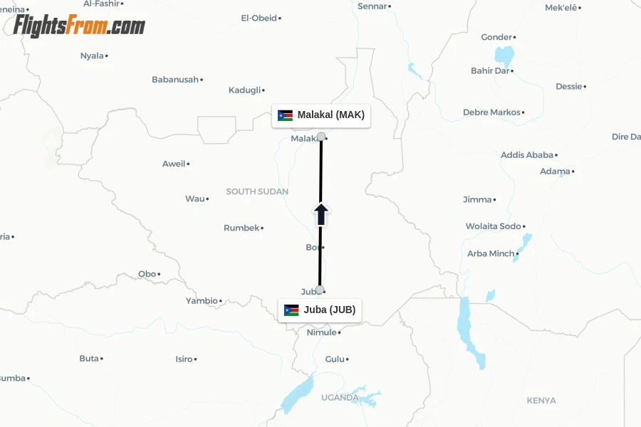 Flights from Juba to Malakal route map