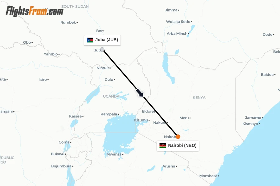 Flights from Juba to Nairobi route map