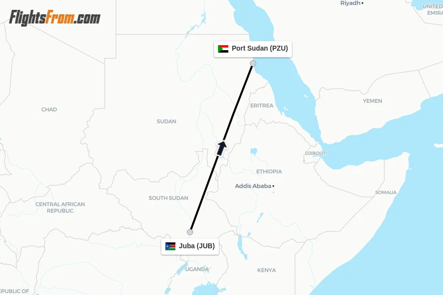 Flights from Juba to Port Sudan route map