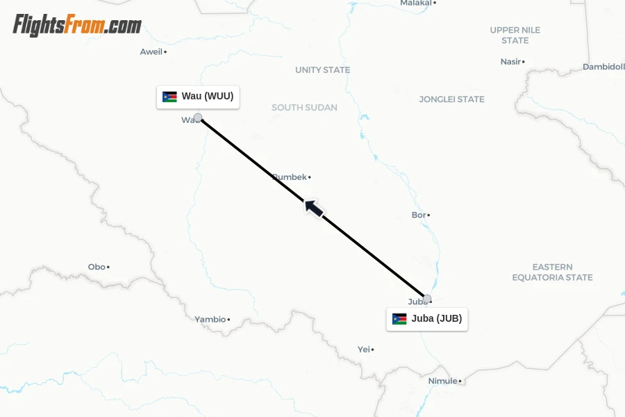 Flights from Juba to Wau route map
