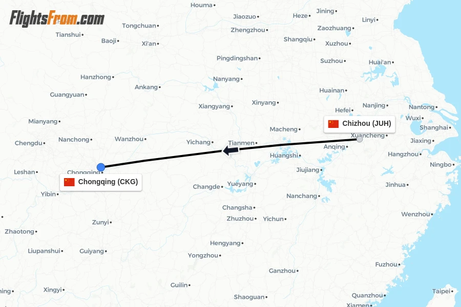 Flights from Chizhou to Chongqing route map