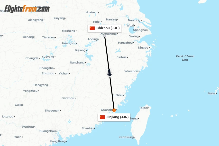 Flights from Chizhou to Jinjiang route map