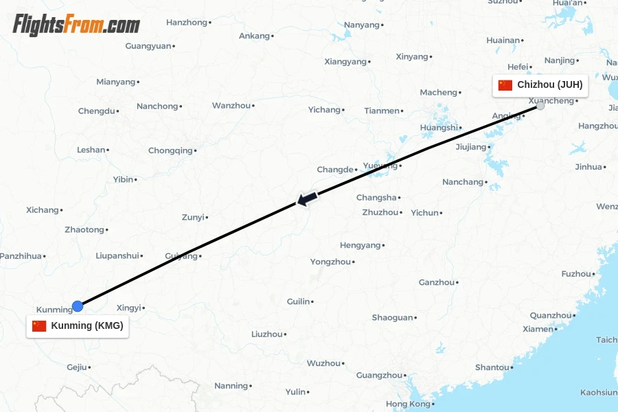 Flights from Chizhou to Kunming route map