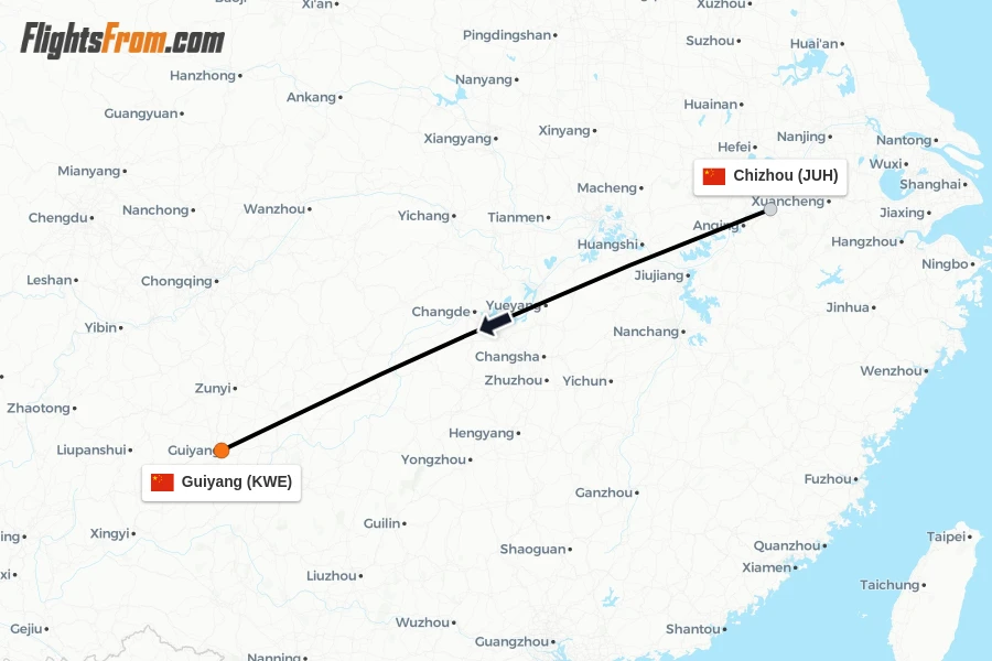 Flights from Chizhou to Guiyang route map