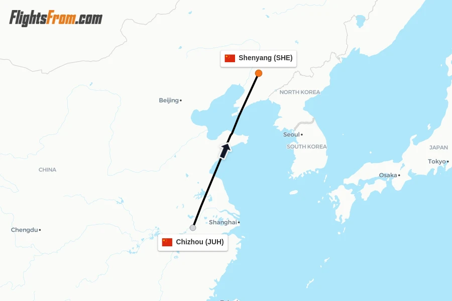 Flights from Chizhou to Shenyang route map