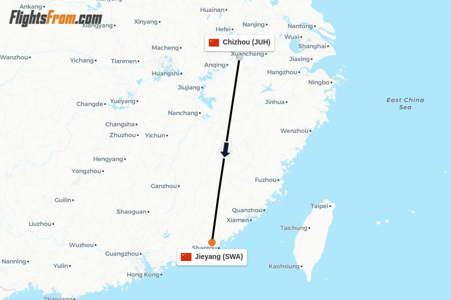 Flights from Chizhou to Jieyang route map