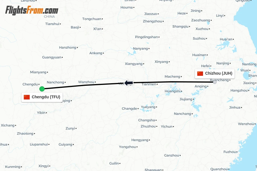 Flights from Chizhou to Chengdu route map