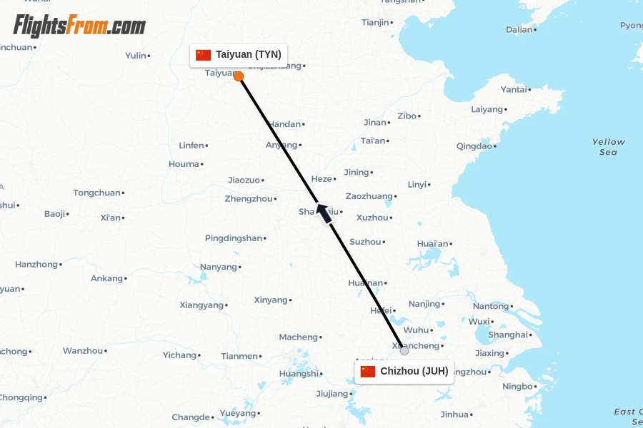 Flights from Chizhou to Taiyuan route map
