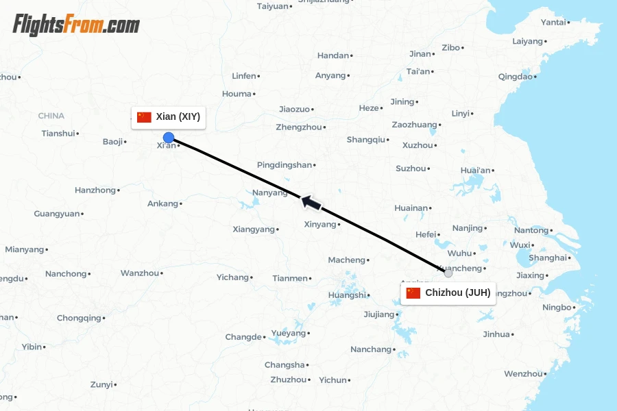 Flights from Chizhou to Xian route map