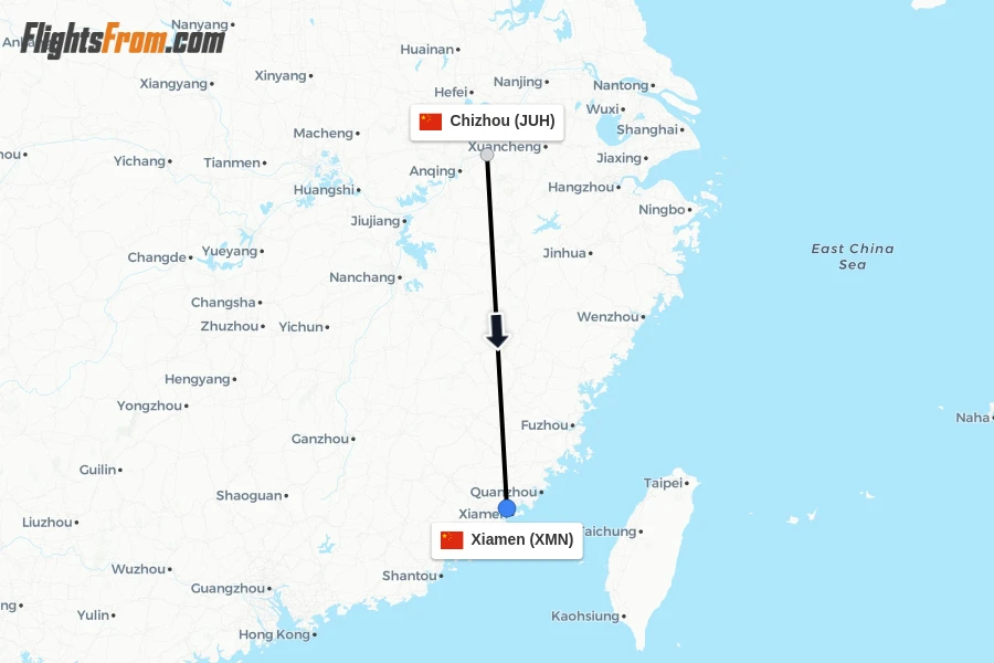 Flights from Chizhou to Xiamen route map
