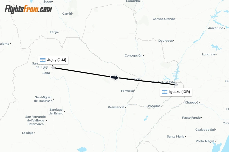 Flights from Jujuy to Iguazu route map