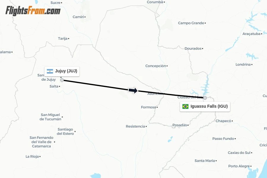 Flights from Jujuy to Iguassu Falls route map