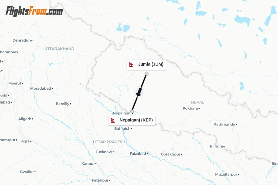 Flights from Jumla to Nepalganj route map