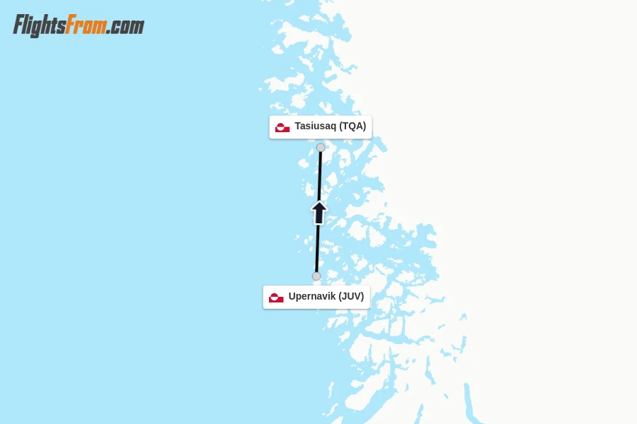 Flights from Upernavik to Tasiusaq route map