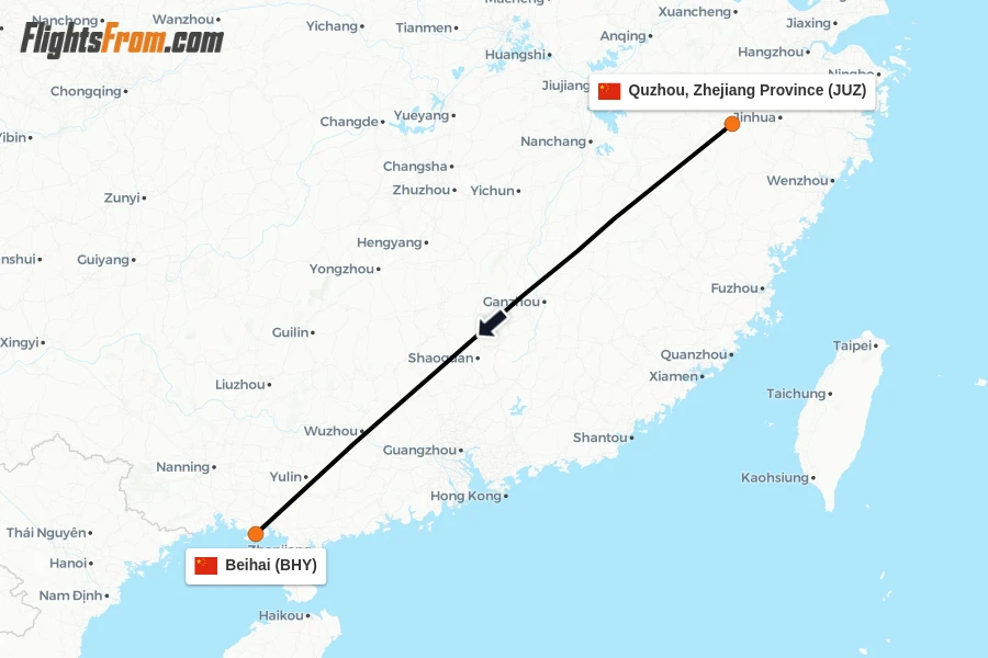 Flights from Quzhou, Zhejiang Province to Beihai route map