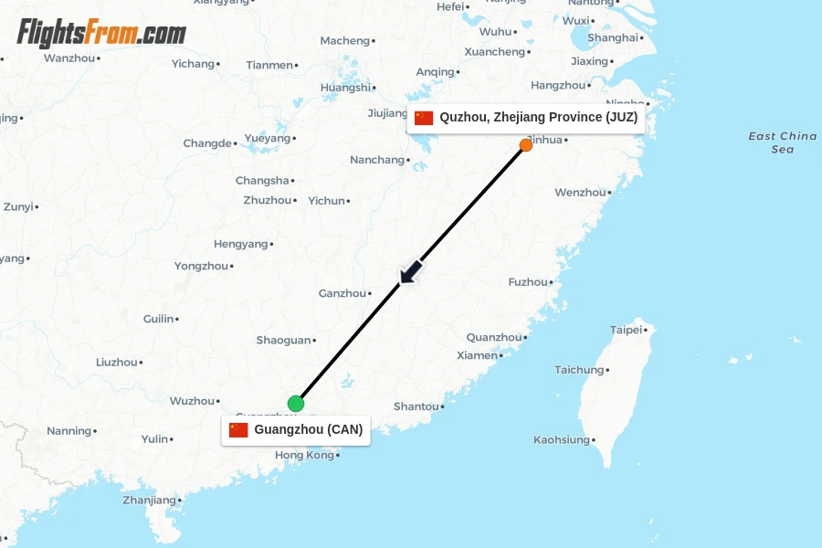 Flights from Quzhou, Zhejiang Province to Guangzhou route map