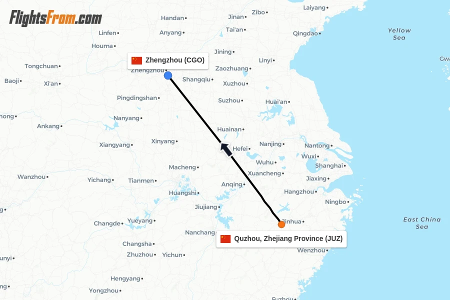 Flights from Quzhou, Zhejiang Province to Zhengzhou route map