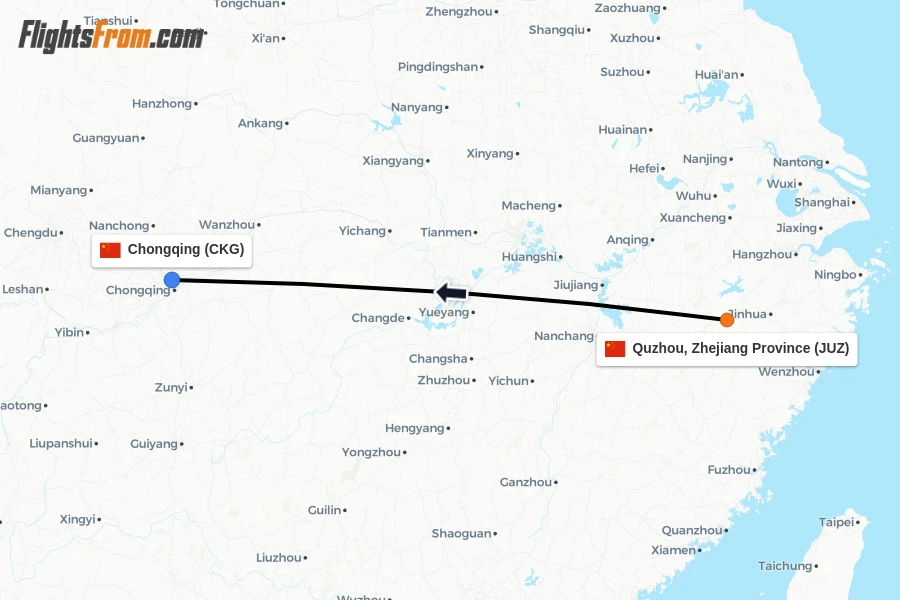 Flights from Quzhou, Zhejiang Province to Chongqing route map