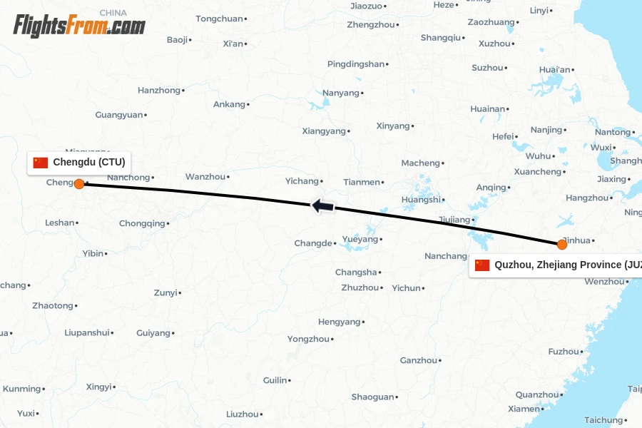 Flights from Quzhou, Zhejiang Province to Chengdu route map