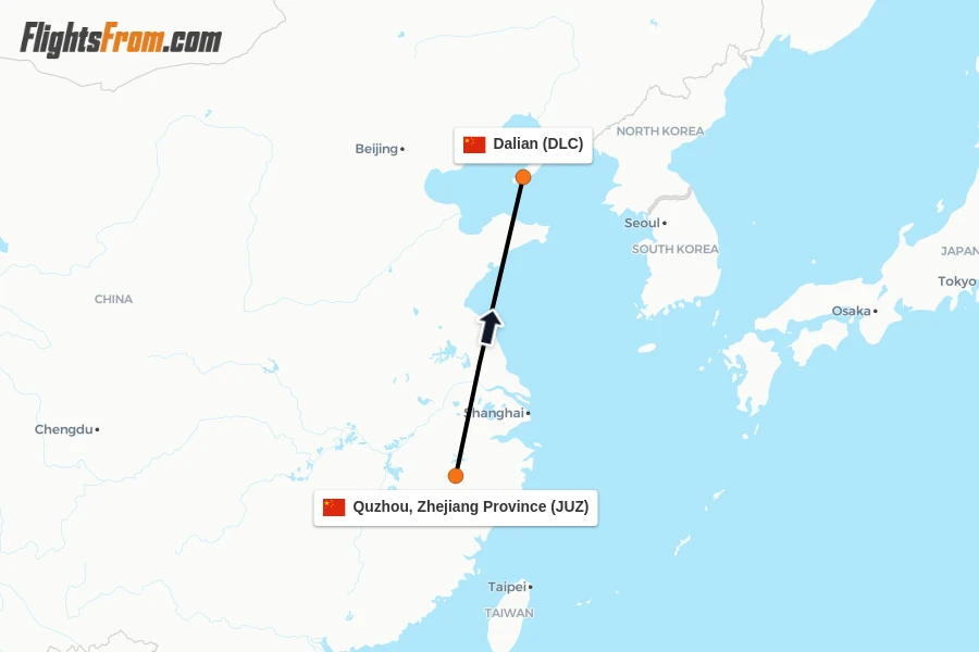 Flights from Quzhou, Zhejiang Province to Dalian route map