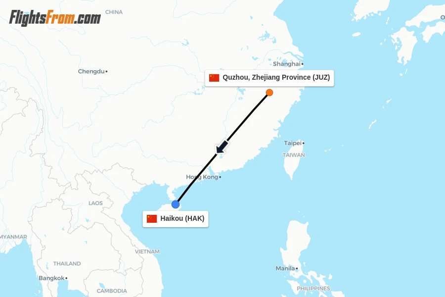 Flights from Quzhou, Zhejiang Province to Haikou route map