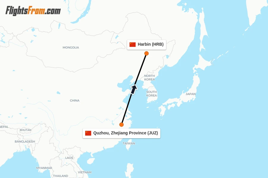 Flights from Quzhou, Zhejiang Province to Harbin route map