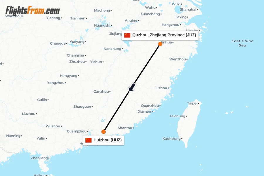 Flights from Quzhou, Zhejiang Province to Huizhou route map