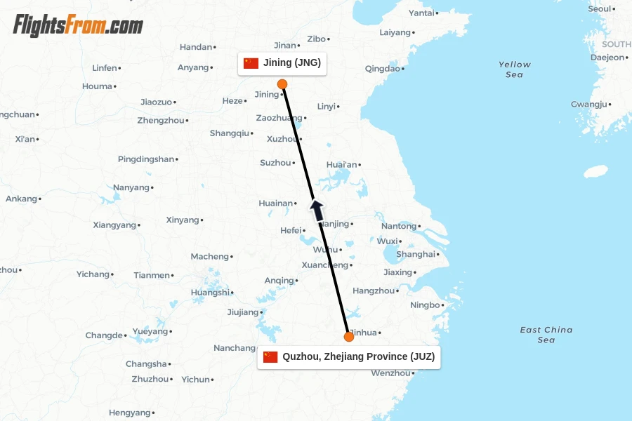 Flights from Quzhou, Zhejiang Province to Jining route map