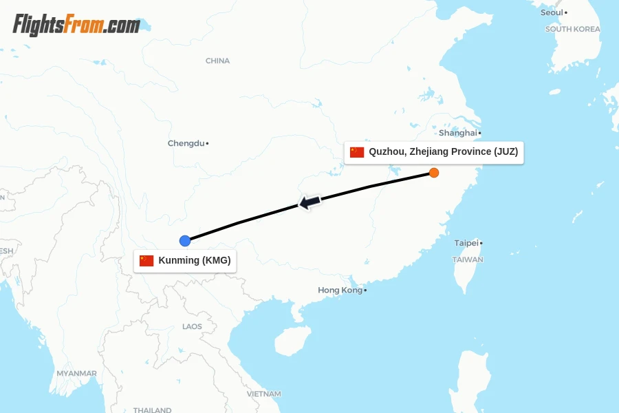Flights from Quzhou, Zhejiang Province to Kunming route map