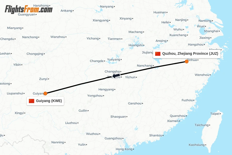 Flights from Quzhou, Zhejiang Province to Guiyang route map