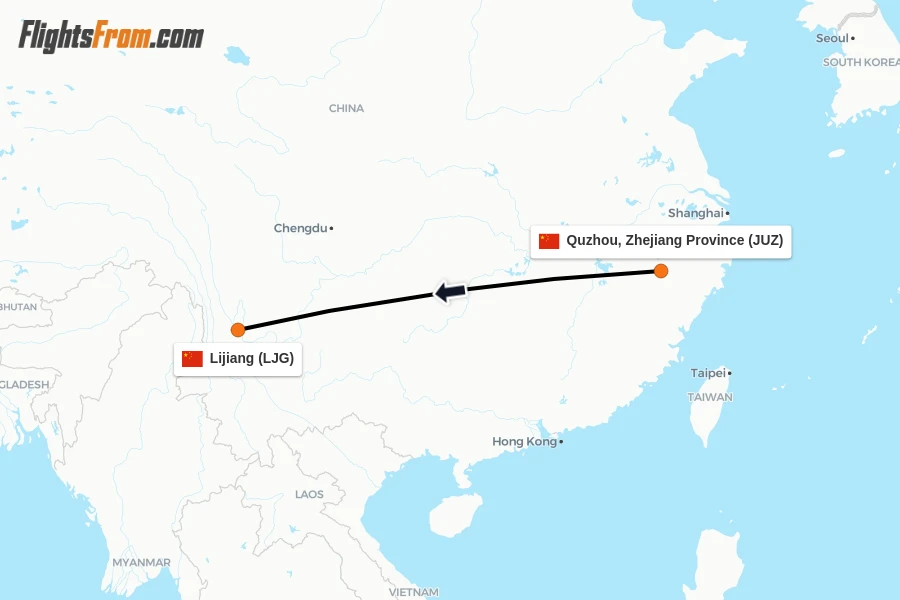 Flights from Quzhou, Zhejiang Province to Lijiang route map