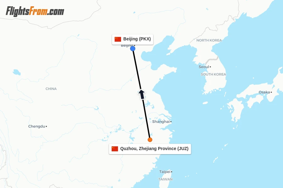 Flights from Quzhou, Zhejiang Province to Beijing route map