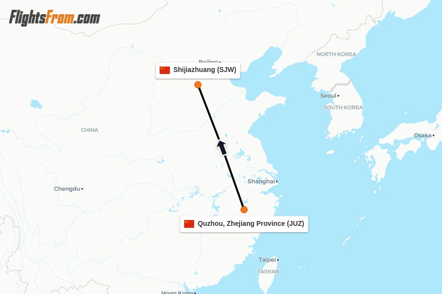 Flights from Quzhou, Zhejiang Province to Shijiazhuang route map