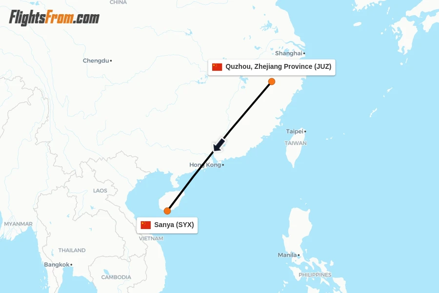 Flights from Quzhou, Zhejiang Province to Sanya route map