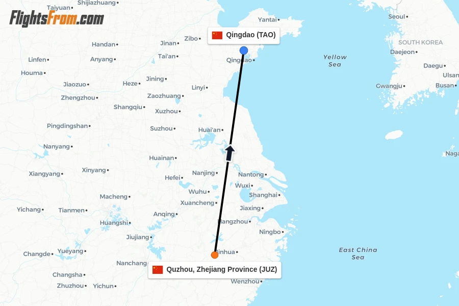 Flights from Quzhou, Zhejiang Province to Qingdao route map